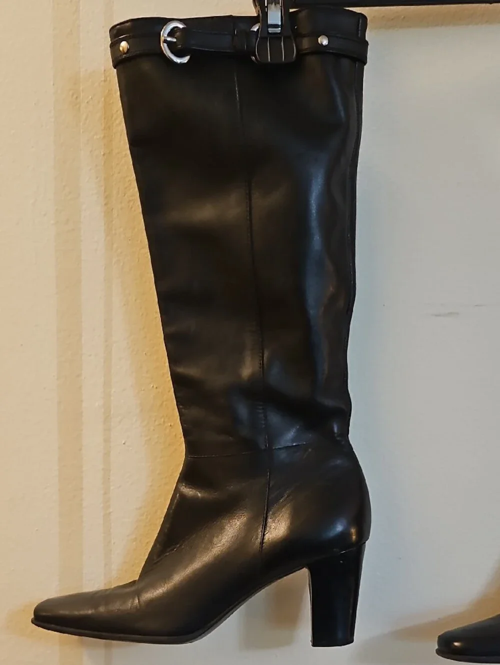 Michelle D Black Leather Under-the-Knee Boots with Buckle Strap